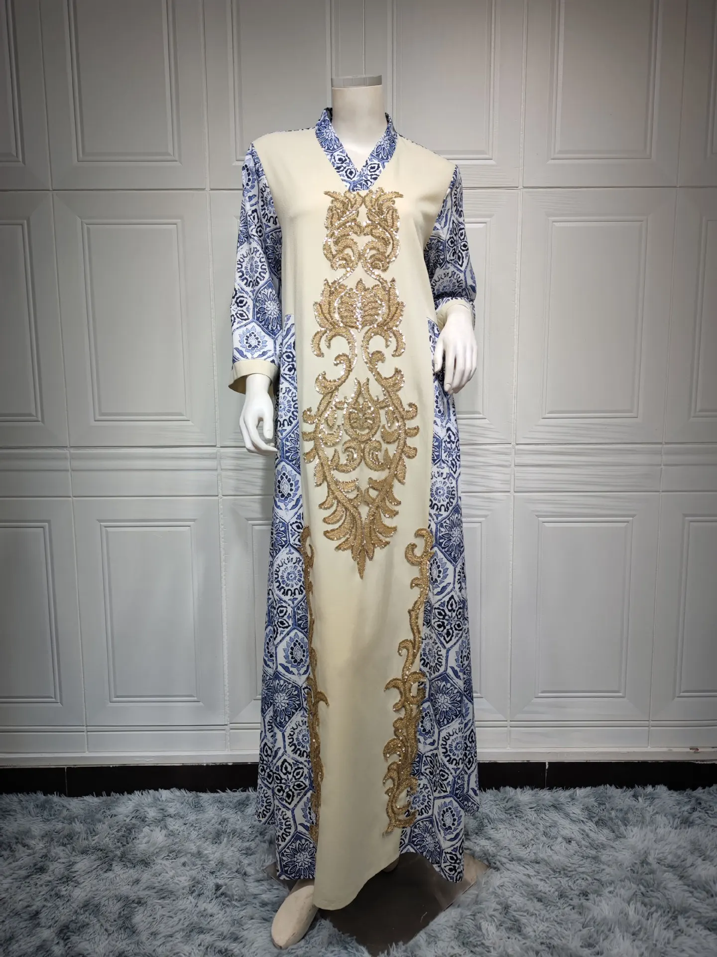 Sequins Imitation Linen Muslim Dress Women Jalabiya Printed Moroccan Caftan Islam Modest Dubai Abaya Saudi Robe Party Ramadan