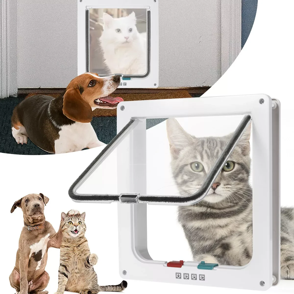 

2023NEW cat Dog Flap Door with 4 Way Security Lock Flap Door for Dog Cats Kitten ABS Plastic Small Pet Gate Door Kit Cat Dogs Fl