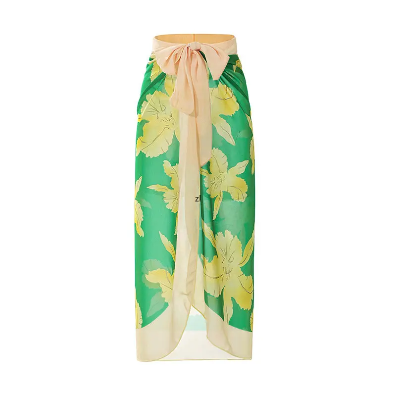 Green Fashion Print V-neck Gathered Ruffled Swimsuit Women Backless Slim High Waist Cut Sexy Cutout Bikini Lace Up Beach Skirt