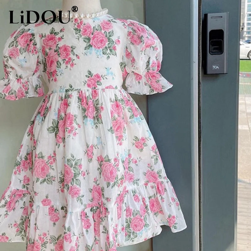 

2023 New Korean Fashion Summer Dress Girls Vintage Aesthetic Sweet Cute Elegant Fashion Kawaii Chic Loose Casual Print Robes