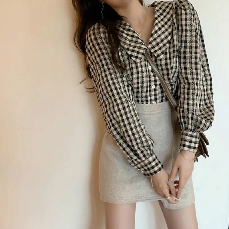 Рубашка женская с длинным рукавом-фонариком милый клетчатый Элегантный
