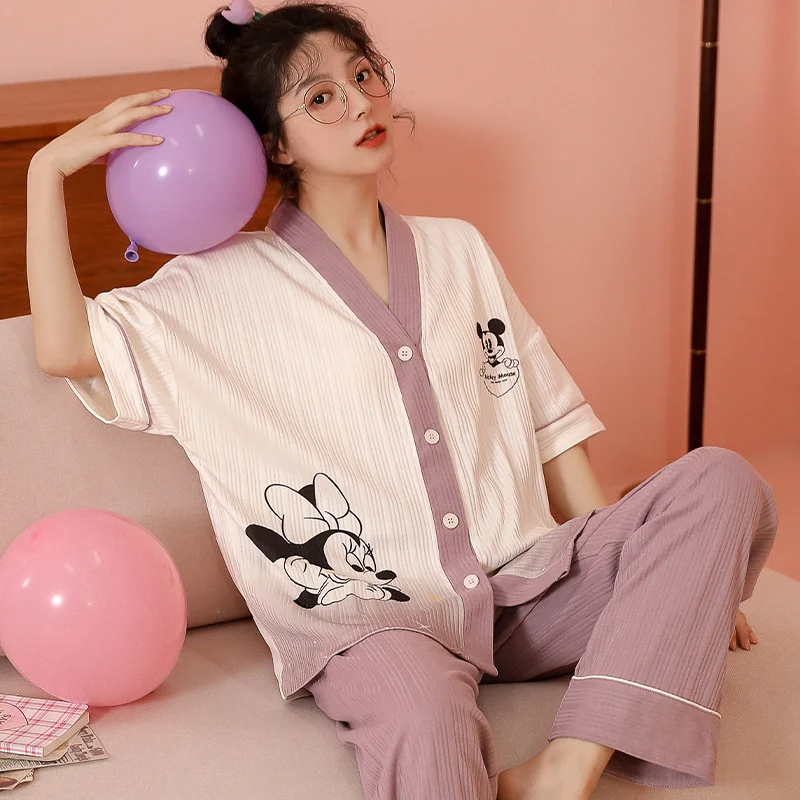2022 New Spring And Summer Pajamas Women's Cotton Short Sleeved Cardigan Kimono Cartoon Lovely Girl's Home Clothes