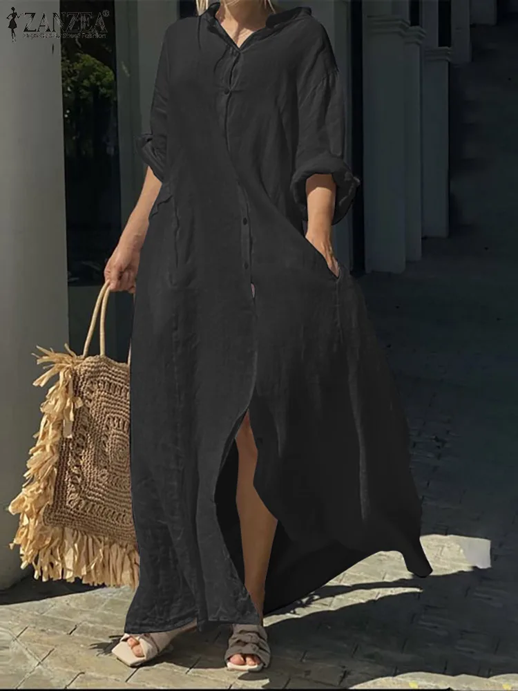 Купи ZANZEA 2022 Autumn Solid Sundress Women Fashion Long Sleeve Maxi Dress Casual Loose Single Breast Retro Dress O Neck Long Robes за 1,114 рублей в магазине AliExpress