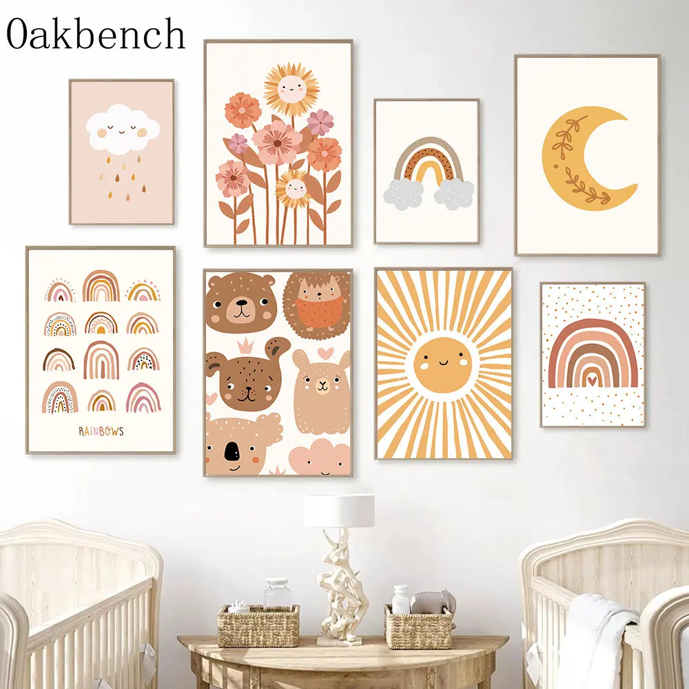 Настенное искусство солнечного цветка с печатью радуги на холсте с персонализацией для декора детской комнаты девочек.