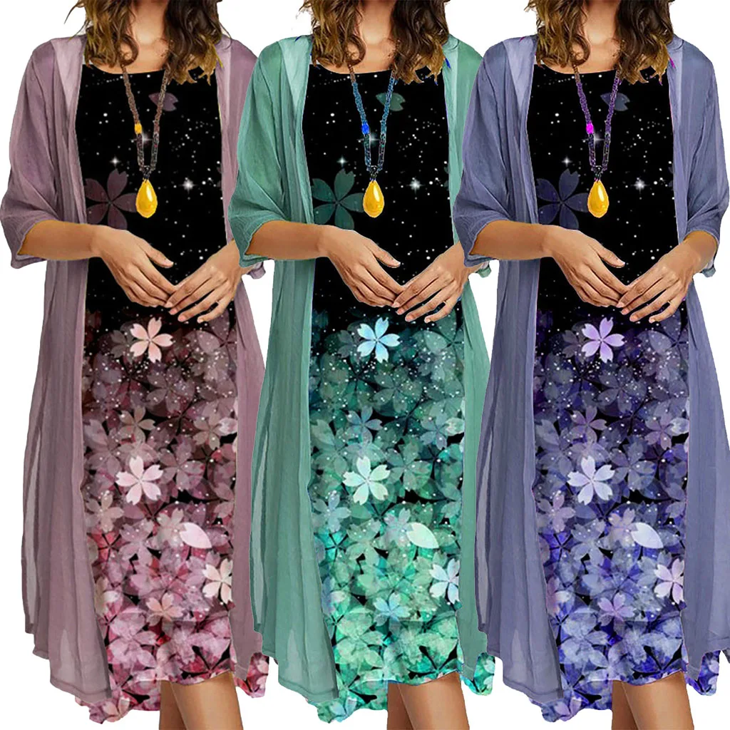 Элегантный Винтажный Комплект Миди С Принтом Женский Свободный Кардиган Круглым