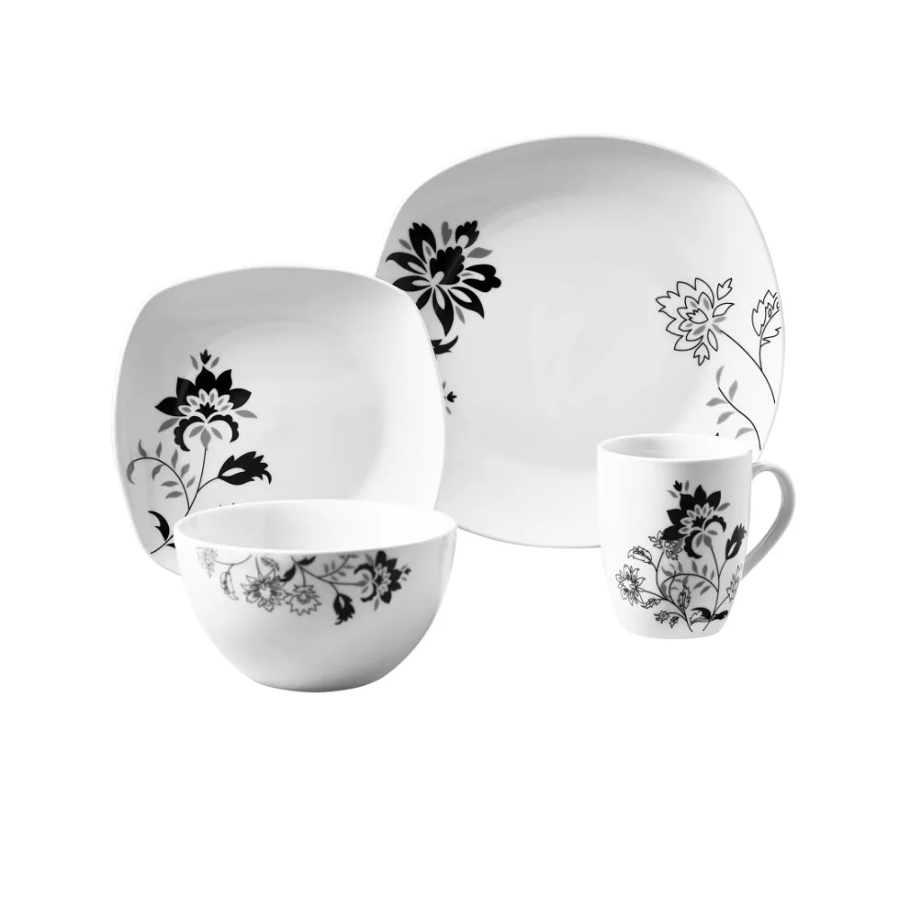 

Unlimited Gallery Rebecca Square 16 Piece Dinnerware Set, Floral Pattern Serving Ware Kitchen Dish Dinner Plates