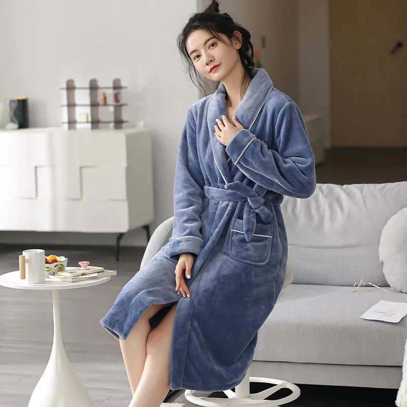 

Coral Fleece Bathrobes Kimono Gown Winter Women Long Sleeve Robe With Belt Loose Warm Nightgown Lingerie Flannel Home Wear