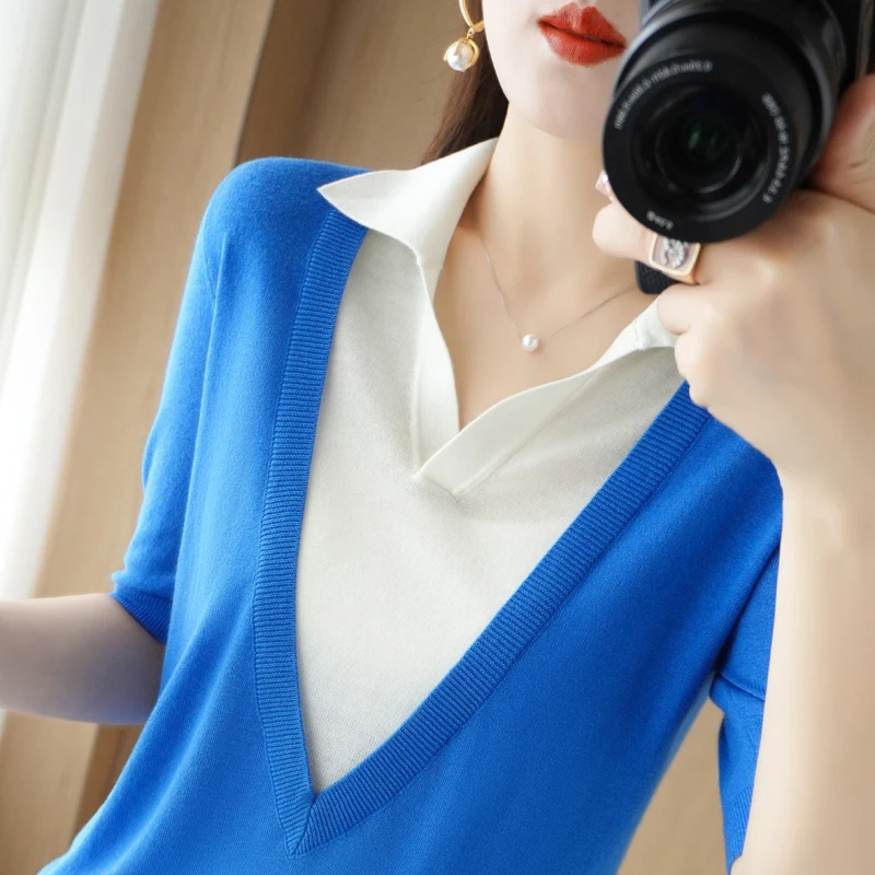2022 New lapel short-sleeved women's T-shirt solid color knitted wild summer wool sweater thin pullover promotion S-XXL |