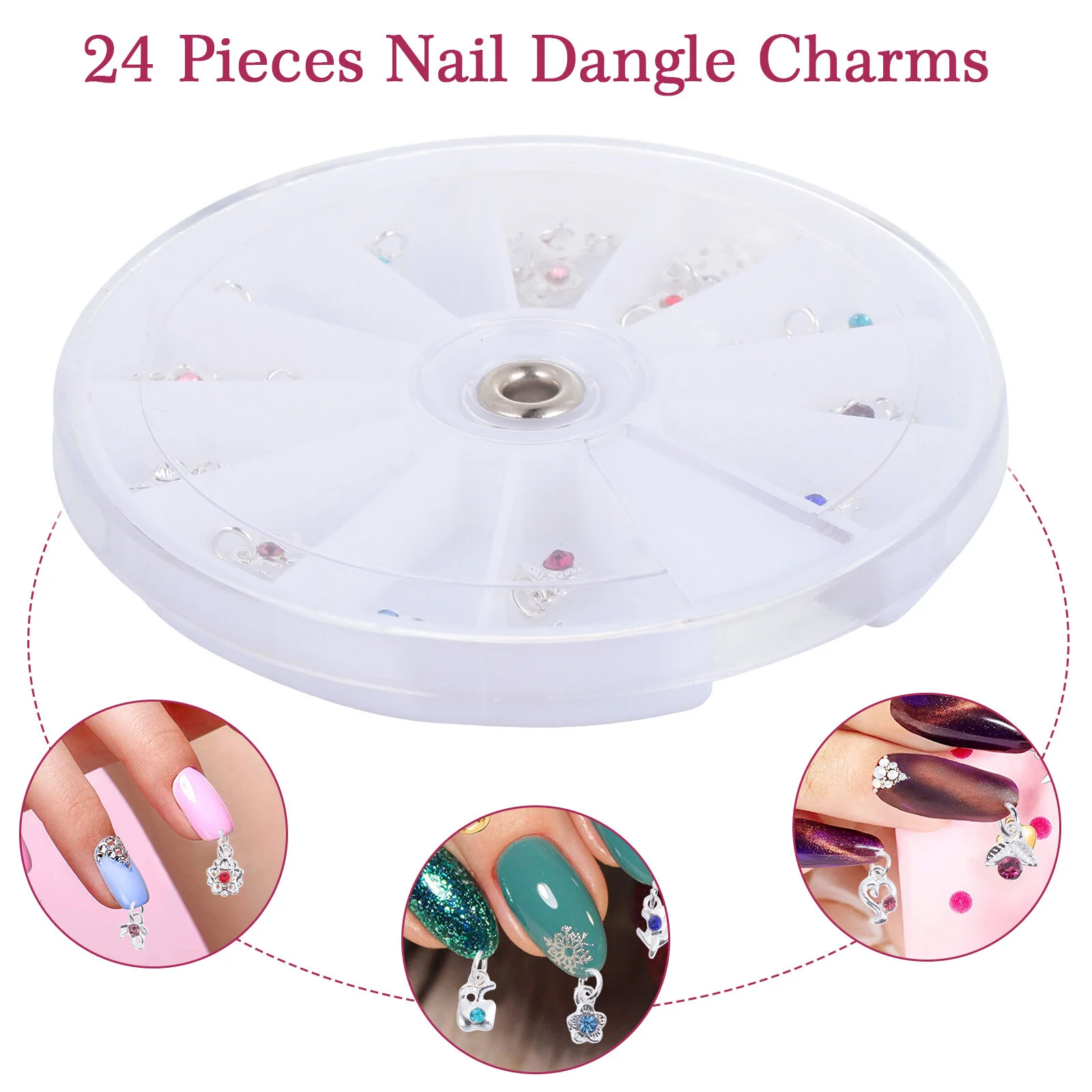 24Pcs Nail Charm Drill Nail Jewelry Rings Dangle Nail Drill Tool Dangle Charm Tool for Nail