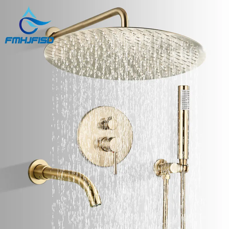 

Brushed Gold 8/10/12/16 Inch Bathroom Concealed Shower Faucets Wall Mounted Rainfall Round Head Mixer Valve Bath Shower Set