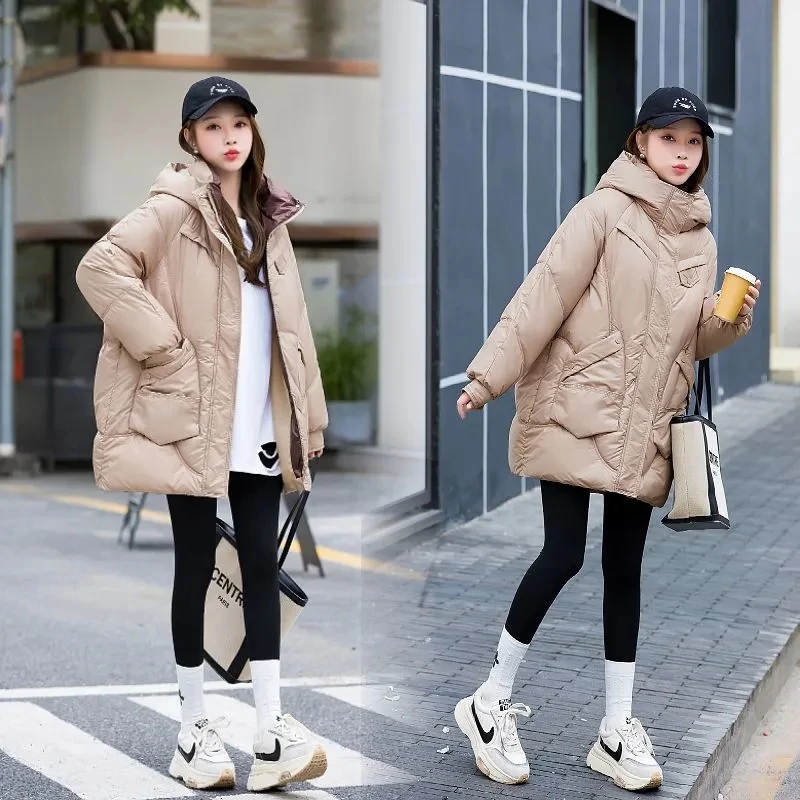 Winter Korean Version of The Fashion Down Jacket Womens Loose and Thin Warm Mid-length Down Cotton Jacket Women's hooded jacket