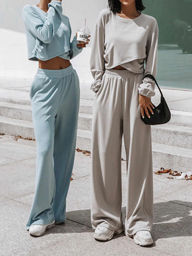 

Long Sleeve Crop Top Women Two Piece Outfits 2023 Solid Color Wide-leg Pants Sets Spring Autumn Clothes Fashion Casual Tracksuit