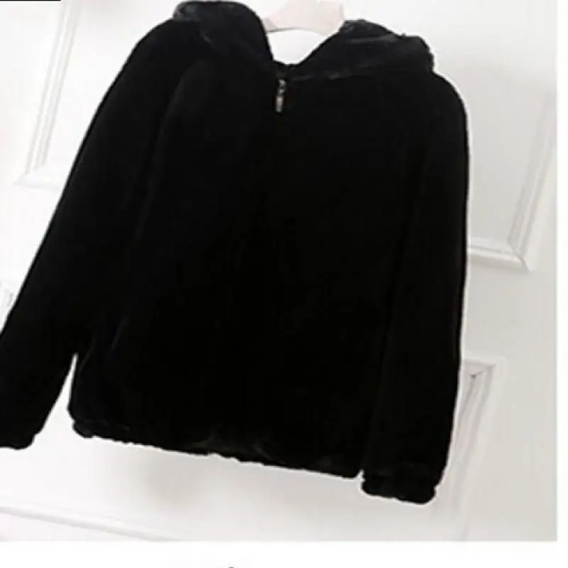 2022 Winter New Korean Version Of Loose Imitation Mink Women Hooded Jacket Solid Color Thick Zipper Warm Pocket Sweet Girl Coat