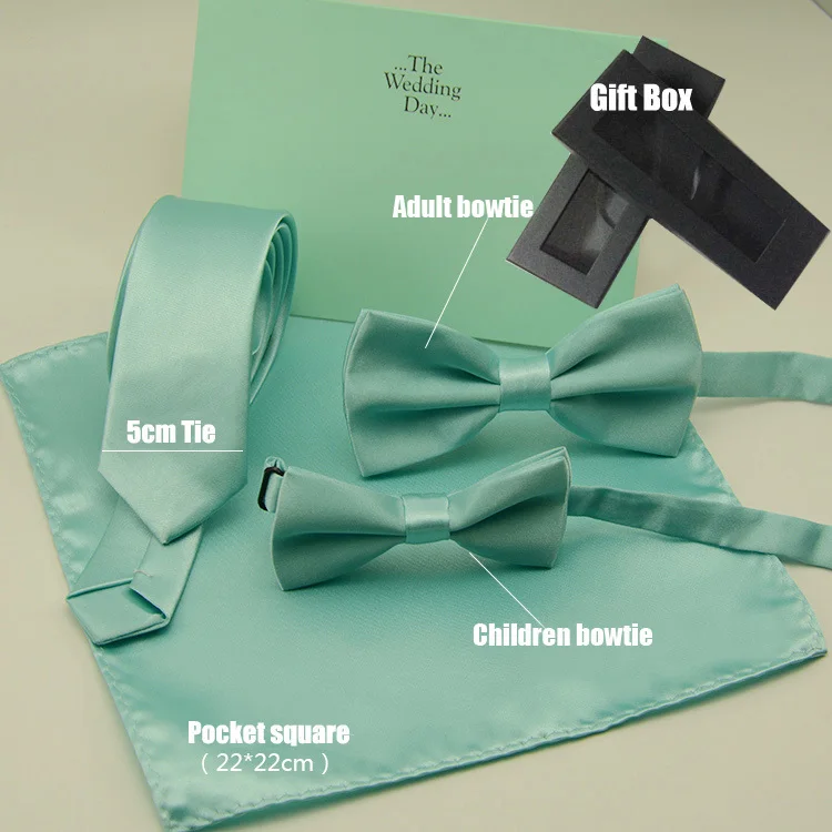 

Designer Mint Green Ties Set Solid Color Silky Bowtie Pocket Square with Necktie for Bridegroom Wedding Party to Match Shirts