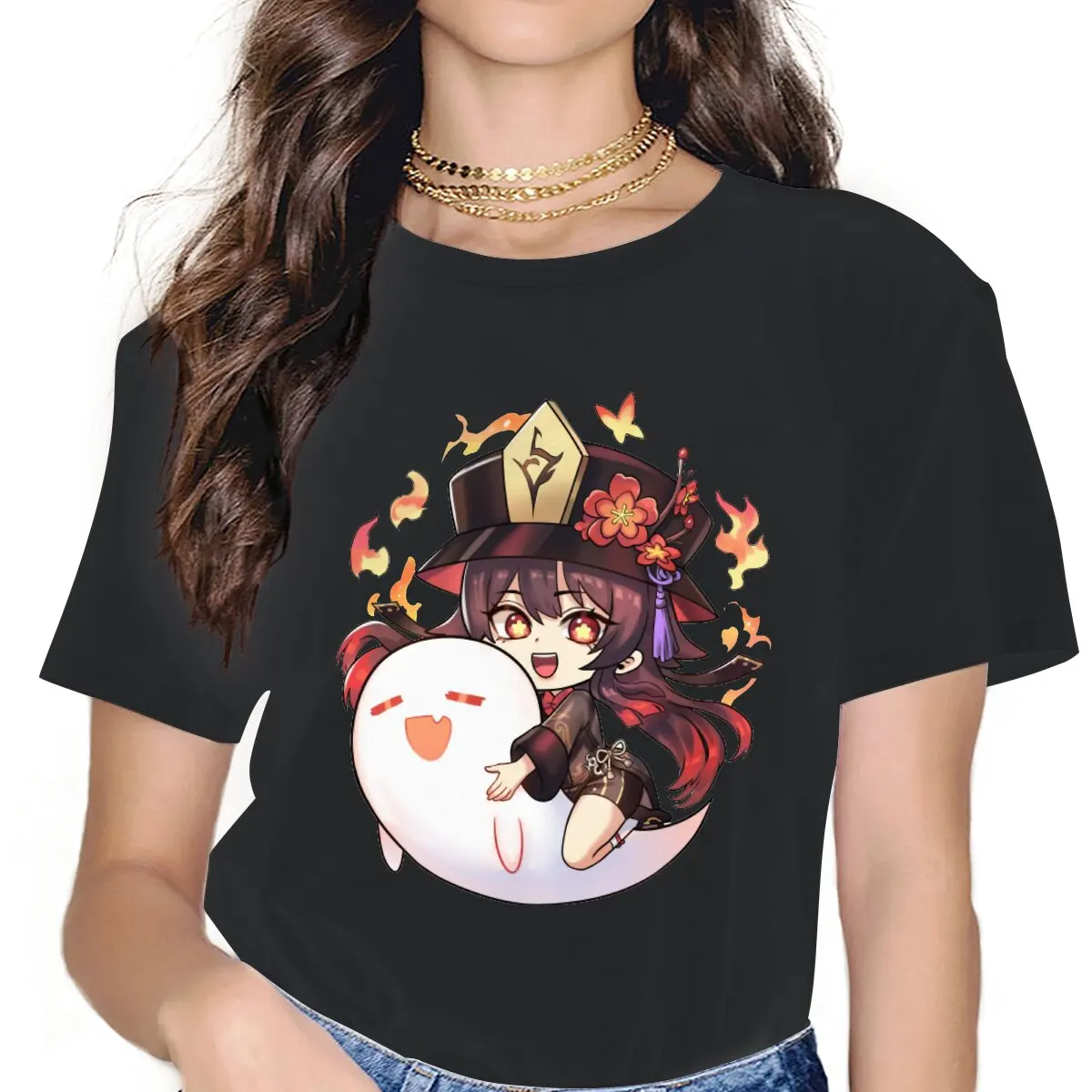 

Novelty Hu Tao T-Shirts Women Crewneck T Shirts Genshin Impact Online Role Playing Game Fashion Short Sleeve Tees