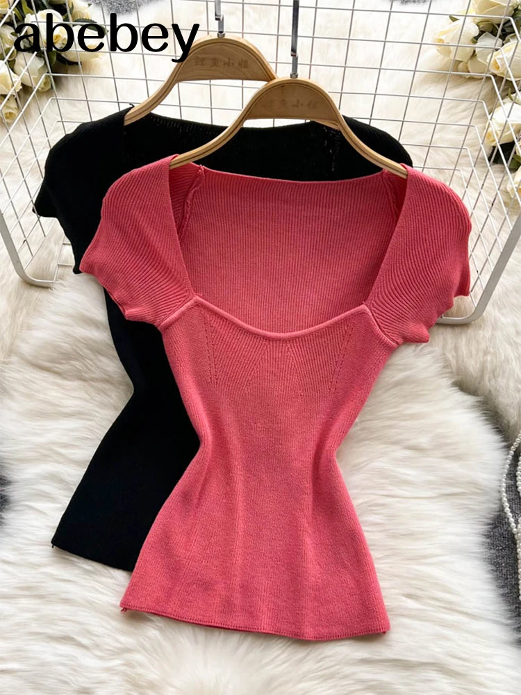 

Square Collar Short Sleeve Woman Sweaters Knitted Pullover Women Spring Autumn Sweater Winter Tops For Women Black White Jumper