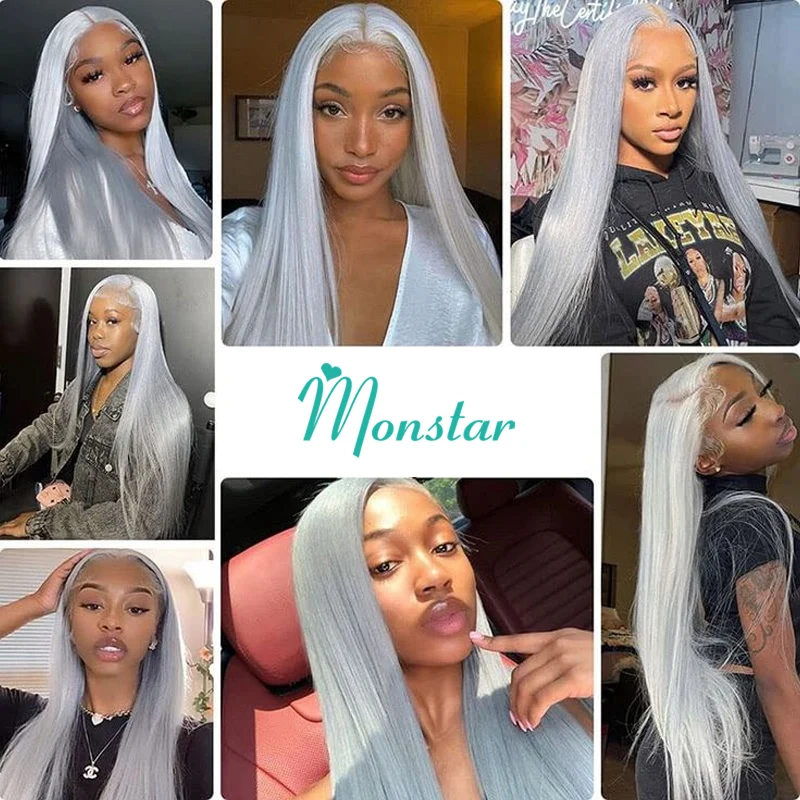 Серые парики фронта шнурка Человеческие волосы Серебристый прямой парик