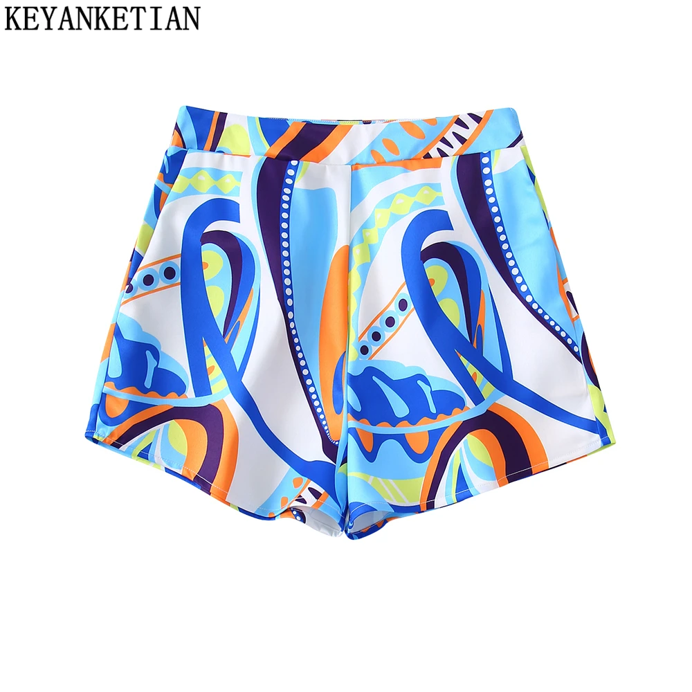 

KEYANKETIAN 2022 Summer New Pop Painting Blue Print Zipper High Waist Shorts Women's Pocket Thin Section Color Straight Pants