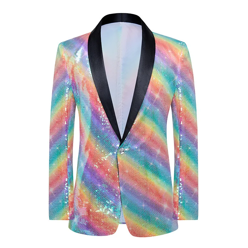 Men Shiny Rainbow Sequins Blazer Tuxedo Fashion Shawl Lapel One Button Suit Jacket Men Party Dinner Prom Stage Singer Clothing