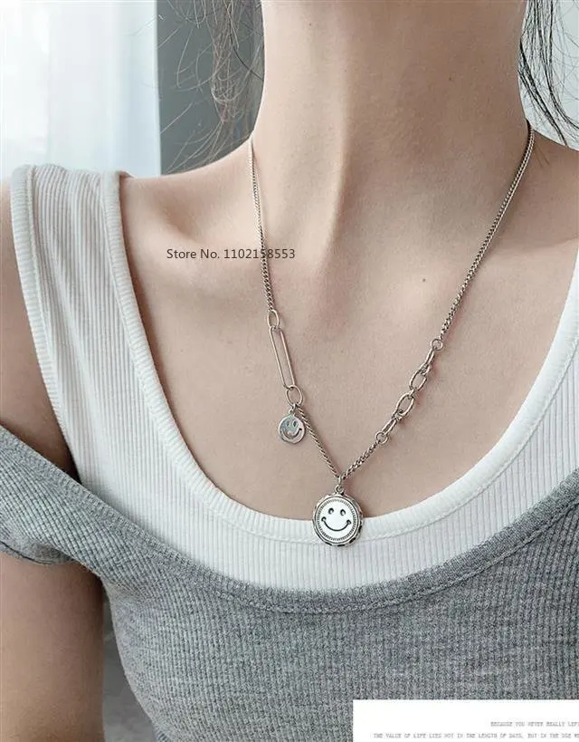 

SMILEY Titanium Steel Silver Retro Smiley Necklace Women's Fashion Personality Versatile Long Smile Sweater Chain