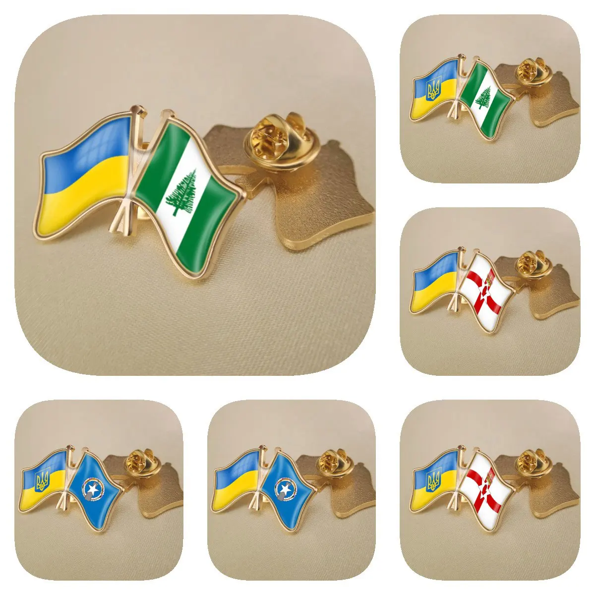 

Ukraine and Norfolk Island Northern Ireland Northern Mariana Islands Double Crossed Friendship Flags Brooches Lapel Pins Bradges