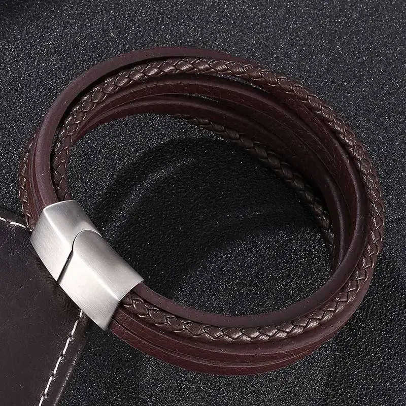 Классический многослойный оплетенный кожаный браслет для мужчин, украшение из нержавеющей стали, магнитные застежки, браслеты-браслеты, мужской браслет PH505-2.
