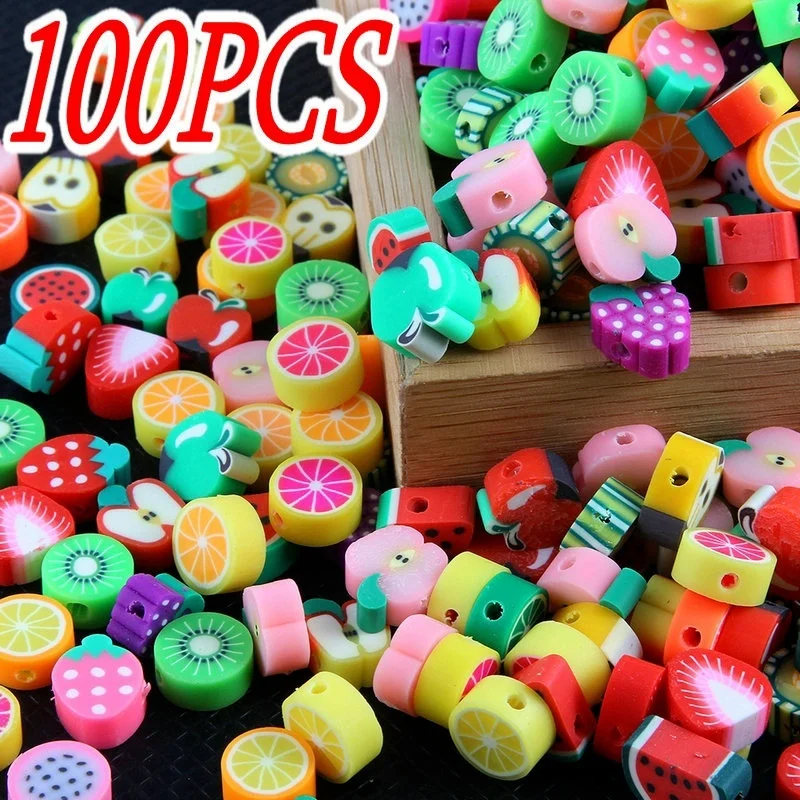 

100pcs Mixed Color Fruit Beads Polymer Clay Beads Polymer Clay Spacer Loose Beads For Necklace DIY Bracelet Accessories