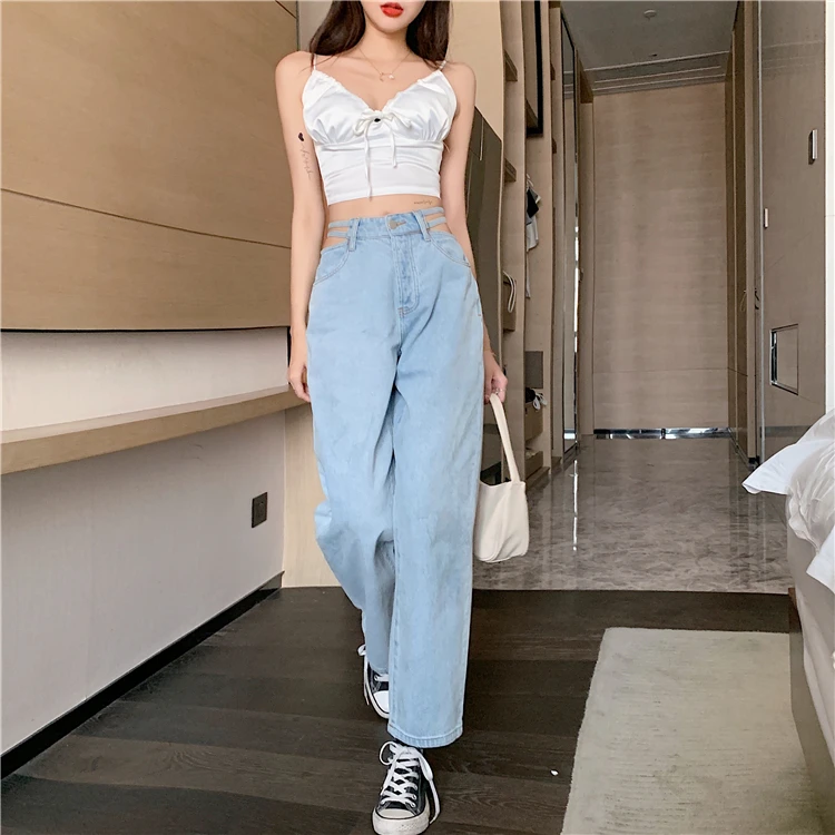 N0120  New trendy spring thin design pants high waist drape wide leg pants jeans