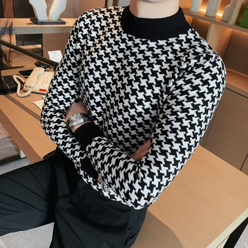 

Fashion High Autumn Plaid Shirt Sweater/male Clothing Quality Knitting Men's Pullover Knit 2023 Casual Slim Winter Men Fit Brand