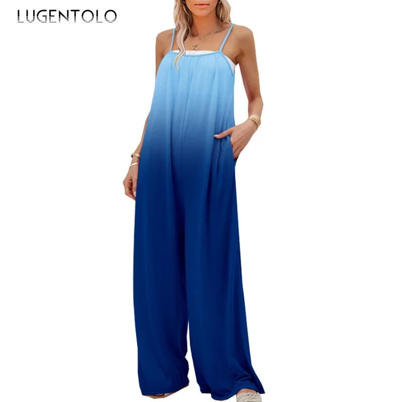 

Women Summer Jumpsuits Casual Sleeveless Loose High Waist Spaghetti Strap Gradient Thin Street Jumpsuit