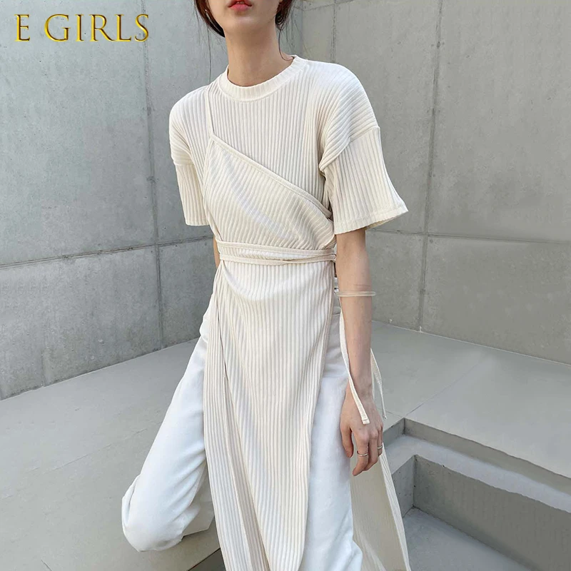 

E GIRLS Women Dress Summer Korean Chic Ladies Niche Design More Wear Round Neck Stitching Fake Two-Piece Split Vestidos