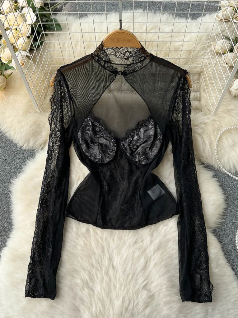 

Foamlina Sexy Women Black See Through Mesh Patchwork Lace Blouse New Spring Summer Hollow Out Front Long Sleeve Slim Crop Top