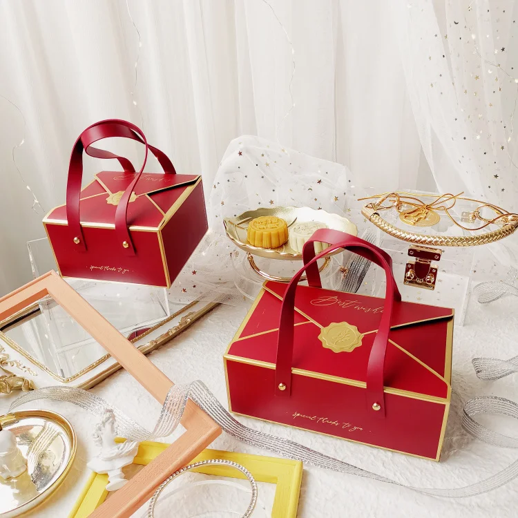 

Бумажные коробки для десерта с кожаной ручкой, коробка для хранения конфет для свадебного торта, праздничные подарки, портативная упаковка, красная коробка, 10 шт.