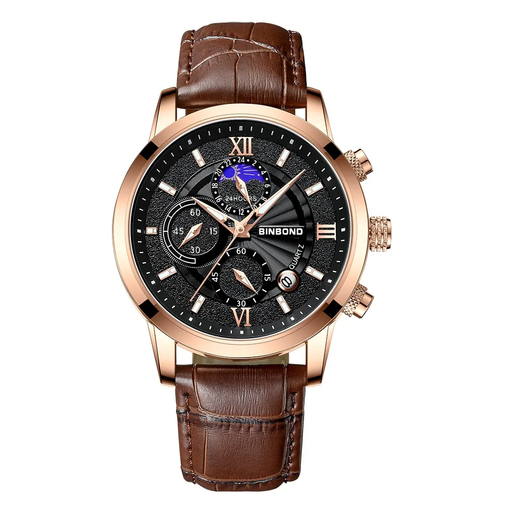 

New Watches Mens BINBONDB6187 Brand Luxury Casual Leather Quartz Men's Watch Business Clock Male Sport Waterproof Date Chronogra