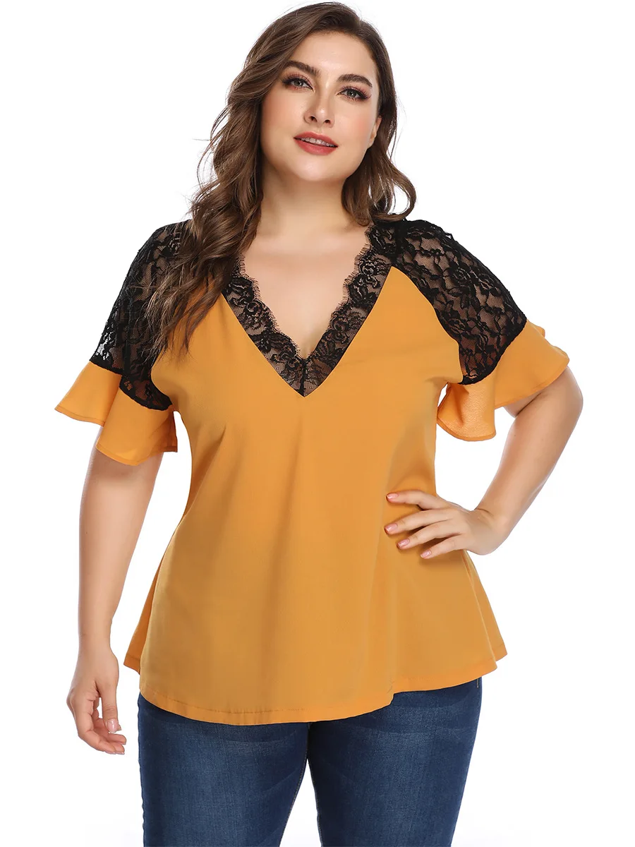 

European And American Large Women's Clothing Contrast Lace Splicing Top Fashion Casual V-neck T-shirt 4XL