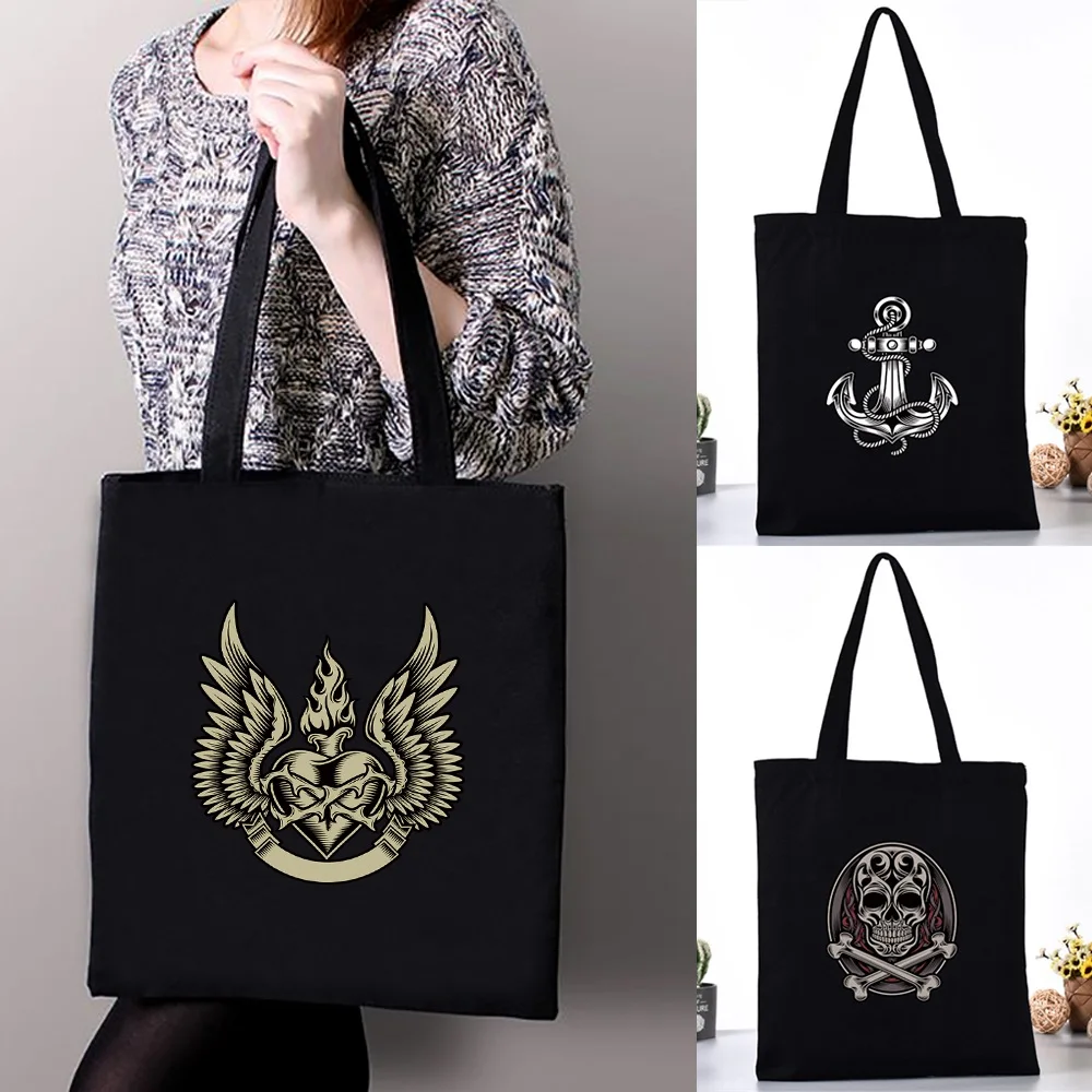 

2023 Women Canvas Shoulder Bag Fashion Simple Shopping Bags Casual Grocery Handbag Skull Print Girl Reusable Tote Pack Organizer
