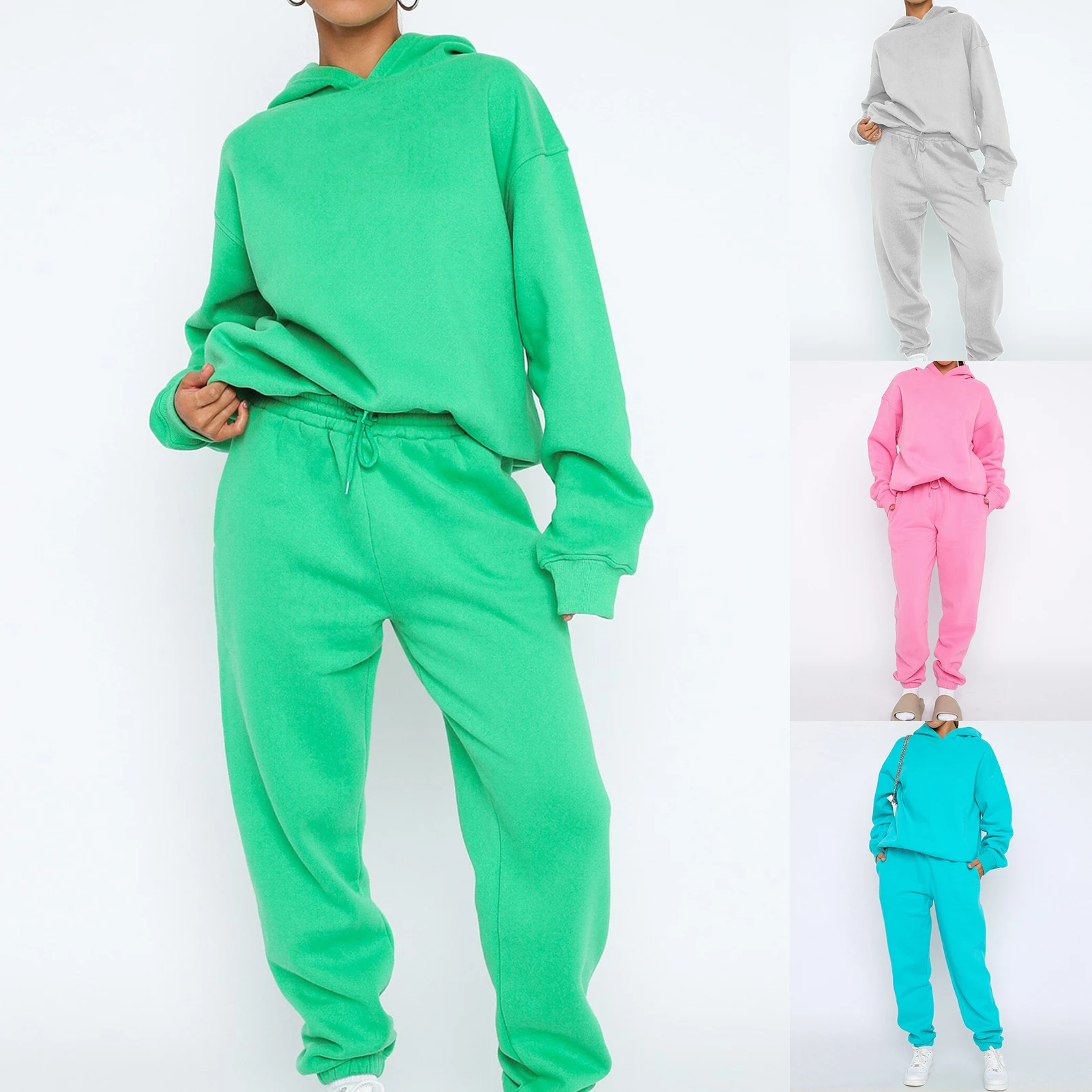 

Women Hooded Tracksuit Sports 2 Pieces Set Sweatshirt Elastic Waist Sweatpants Set Solid Color Long Sleeve Top Pants Outfits