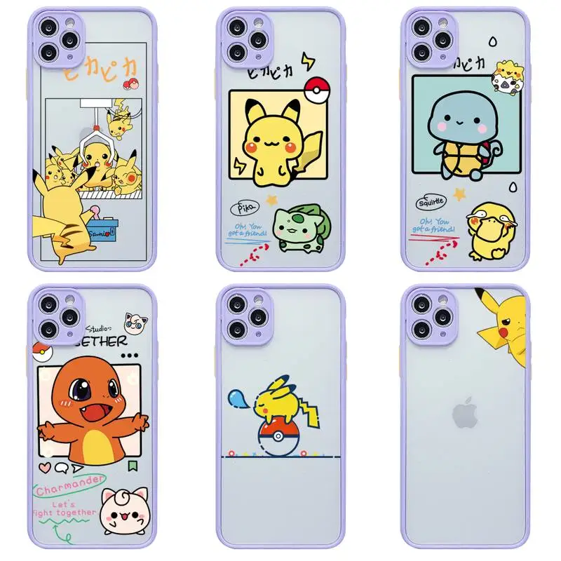 

Cartoon Pokemon Pikachu Phone Case For iphone 13 12 11Pro Max Mini XS 8 7 Plus X SE 2020 XR Light purple Matte Transparent Cover