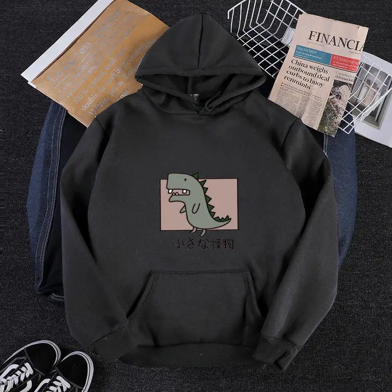 

Dinosaur Printed Loose Thick Hoodies Fashion Women Plush Kangaroo Pocket Cartoon Sweatshirts Spring Autumn Warm Casual Pullovers