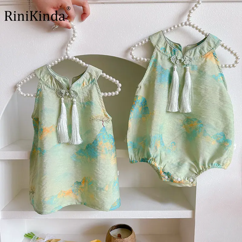 

2023 Baby Girls Bodysuits Chinese Style Sleeveless Print Tassel Romper and Dress Newborn Baby Outfit Clothing for Girl