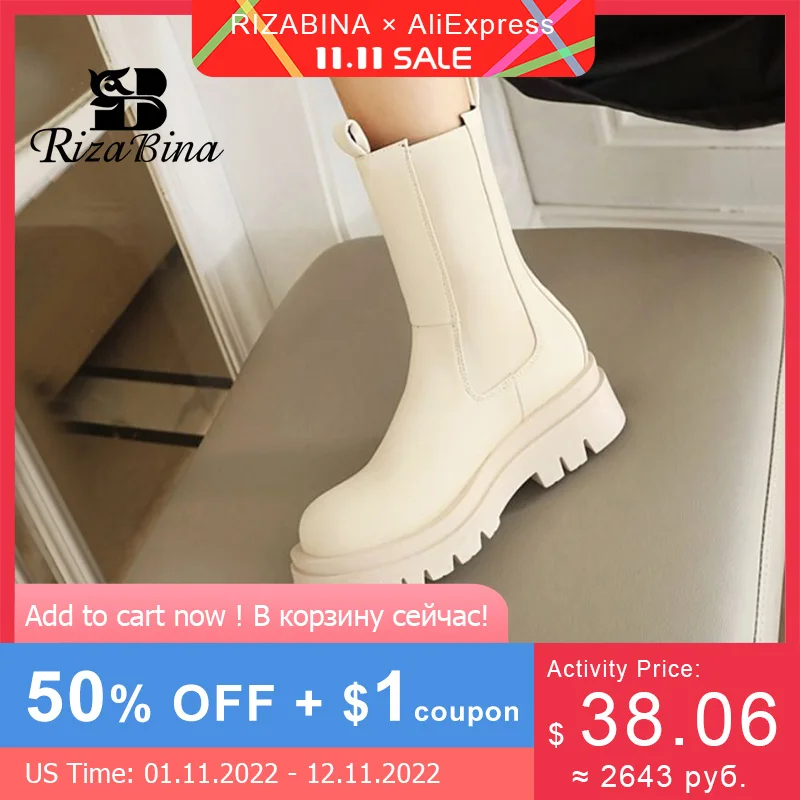 

RIZABINA Women Short Boots Fashion Platform Pu Leather Thick Heel Winter Shoe Woman Warm Elastic Casual Lady Footwear Size 34-42