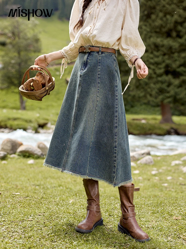 Юбка-миди джинсовая трапециевидная с эффектом потертости в стиле ретро