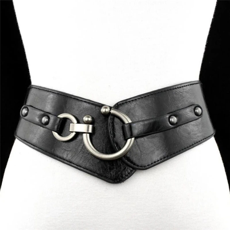 Fashion Gold PU Leather Semi-circular Buckle Wide Belt Female Brown/Black/Wine Red Waist Belts For Women Dress Pants Belt