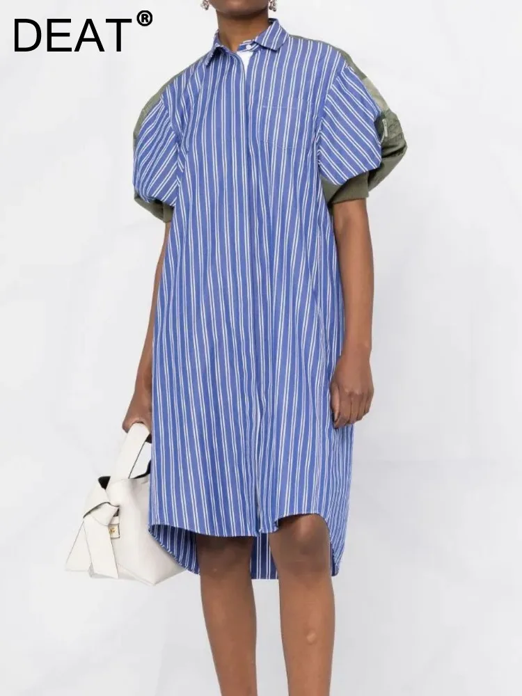 

DEAT Fashion Women's Shirt Dress New Lapel Spliced Striped Single Breasted Short Sleeve Knee-length Dresses Summer 2023 17A2064