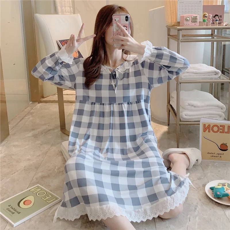Women Nightgown Sleepwear O-neck Cartoon Print Long Sleeve Cute Sleepwear Girl Night Gown Female Sleeping Dress Lady Sleep Wear