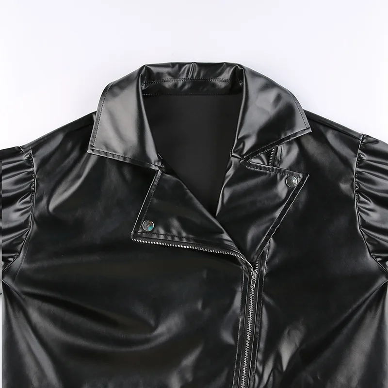 PU Leather Women's Short Jacket Fashion New Style Black Puff Sleeve Suit Collar Jacket Elegant Loose Casual Zipper Top Cool Coat