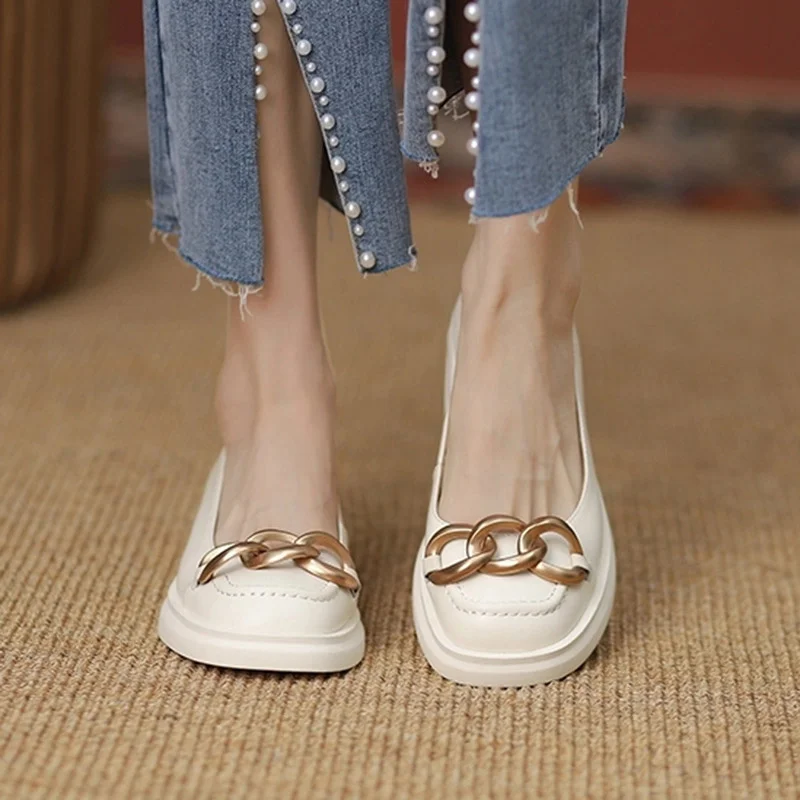 

Oxford Women Shoes Chain Boat Shoes White Slip on Flat Shoes Woman Loafers Black Metal Low Heels Leather Casual Shoes