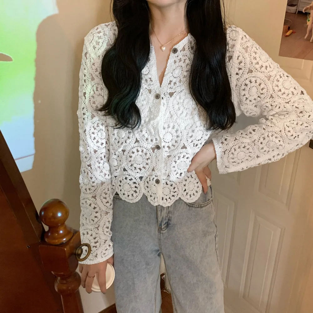 

Korean Ins Hollow Long-Sleeved Crochet Lace Shirt Single-Breasted Cardigan