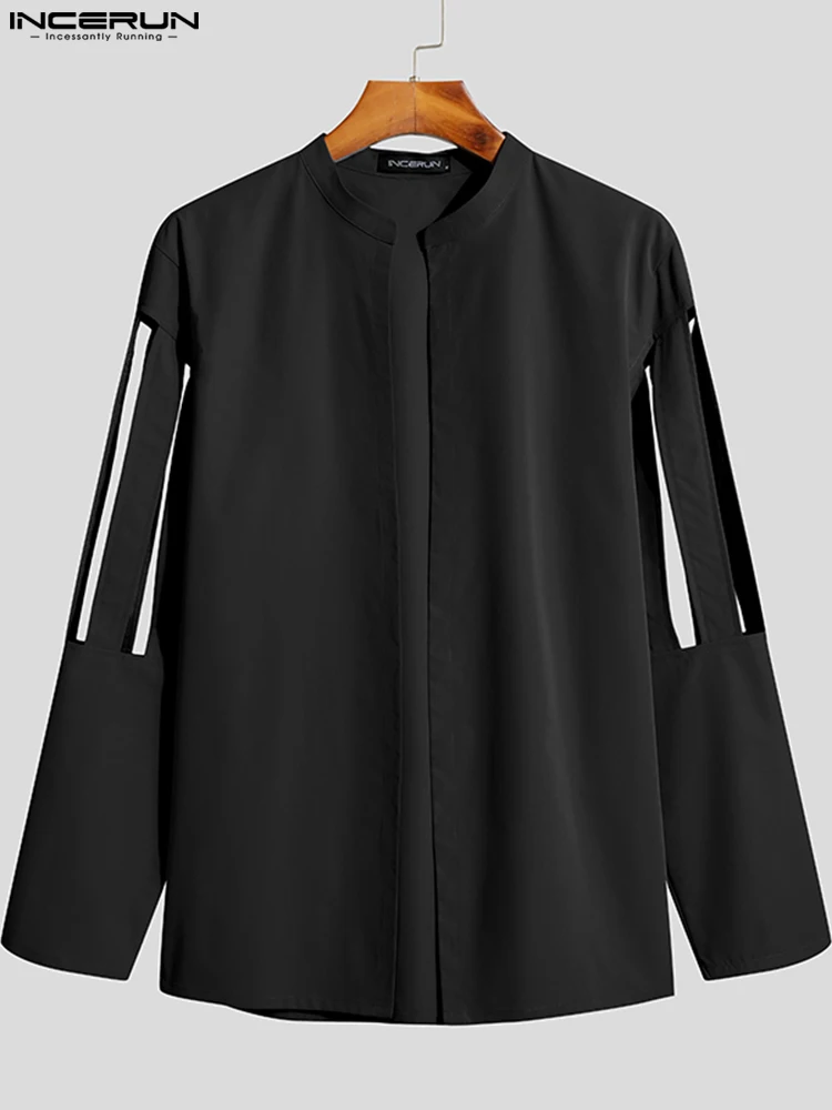 INCERUN Tops 2022 Casual Party Men's Fashion Hollow Stand-up Collar Solid Printing Blouse Male Bubble Long-sleeved Shirts S-5XL