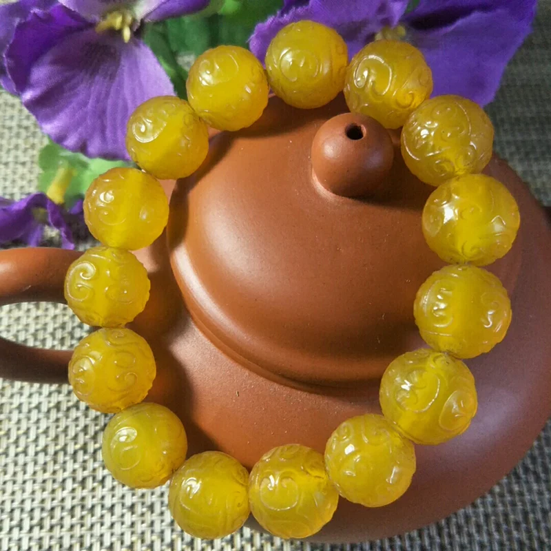 

Natural Yellow Chalcedony Bracelet Fengshui Agate Healing Bangle Men Women Hand-carved Exquisite Pattern Jades Beads Bracelets